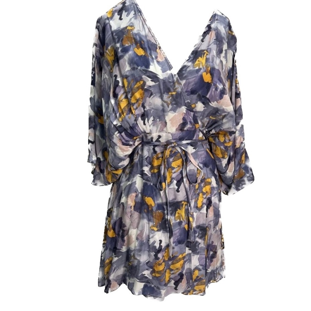 Floral Watercolor Wrap Mini Dress - Purple/Yellow - Picture 9 of 13